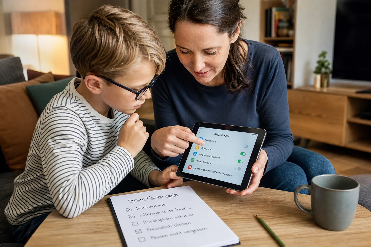 Ein Elternteil und ein Kind prüfen gemeinsam Einstellungen auf einem Tablet.