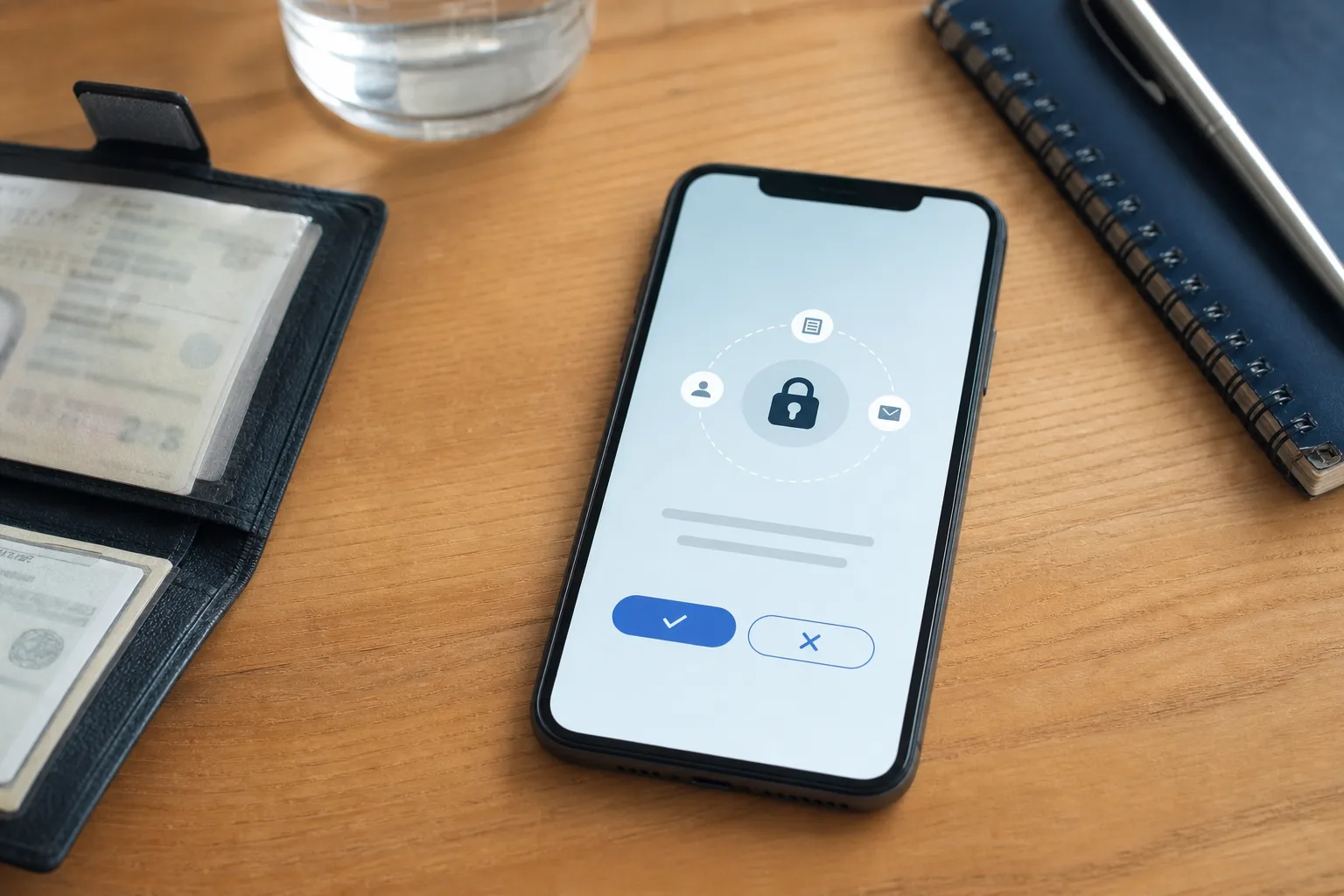 Smartphone mit abstrakter Freigabeanfrage neben einem Ausweisetui auf einem Tisch.
