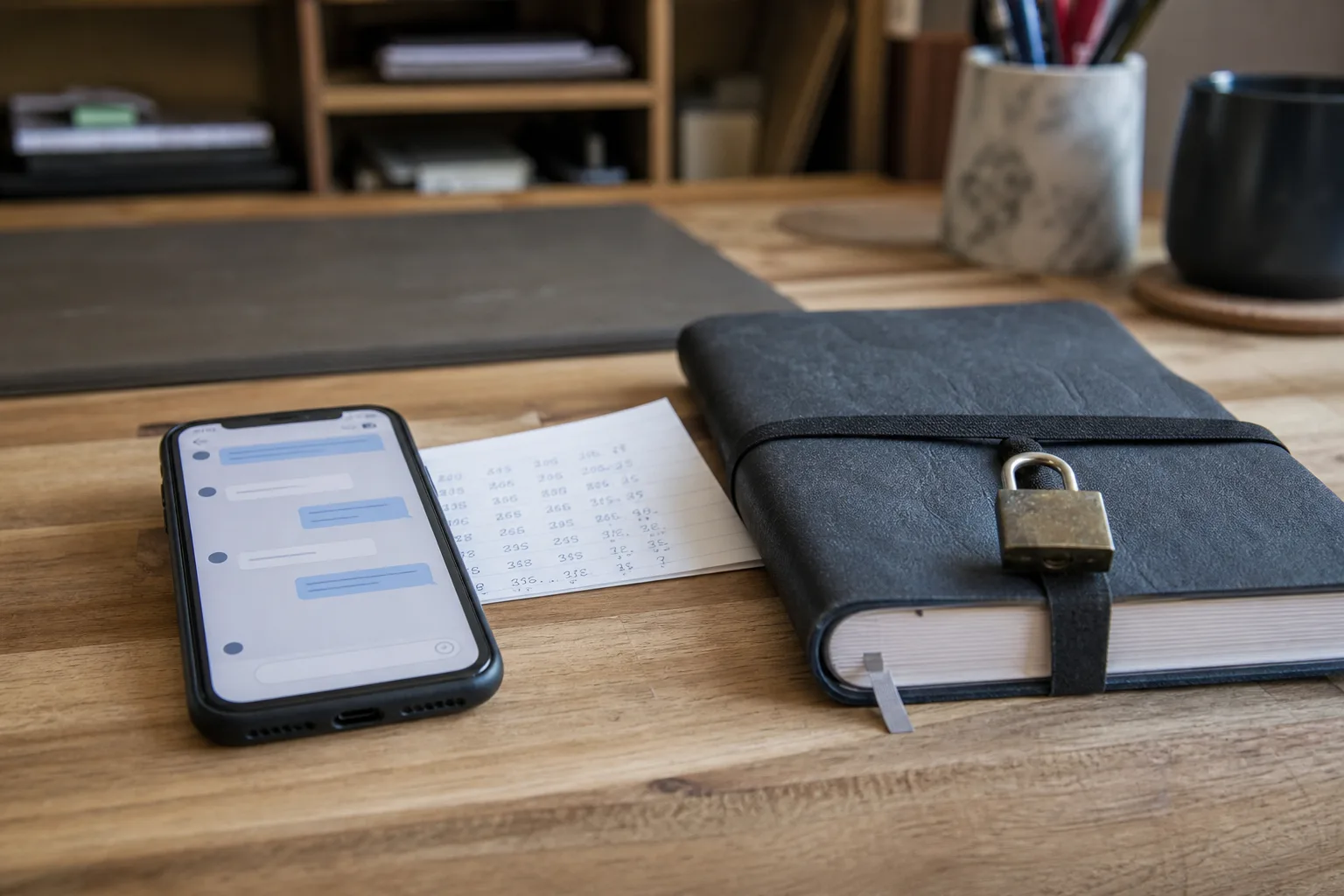 Smartphone, Notizkarte und Notizbuch als Symbol für Benutzernamen und zusätzlichen Zugangscode.