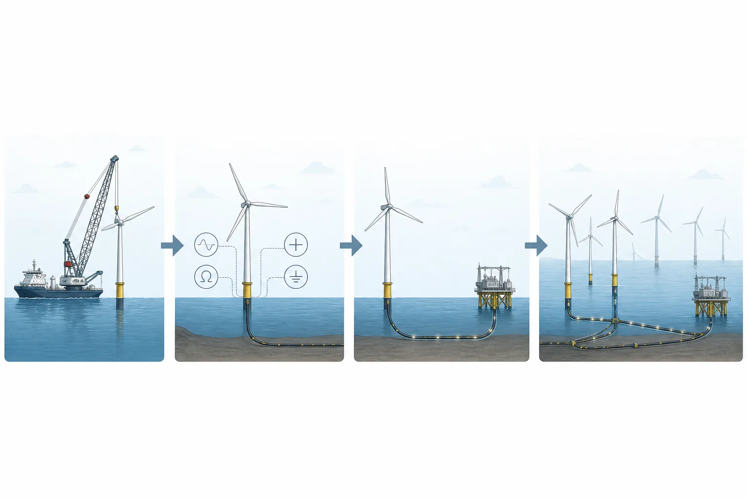 Schematische Folge von Turbineninstallation, elektrischer Prüfung, erster Einspeisung und schrittweise wachsendem Windparkbetrieb.