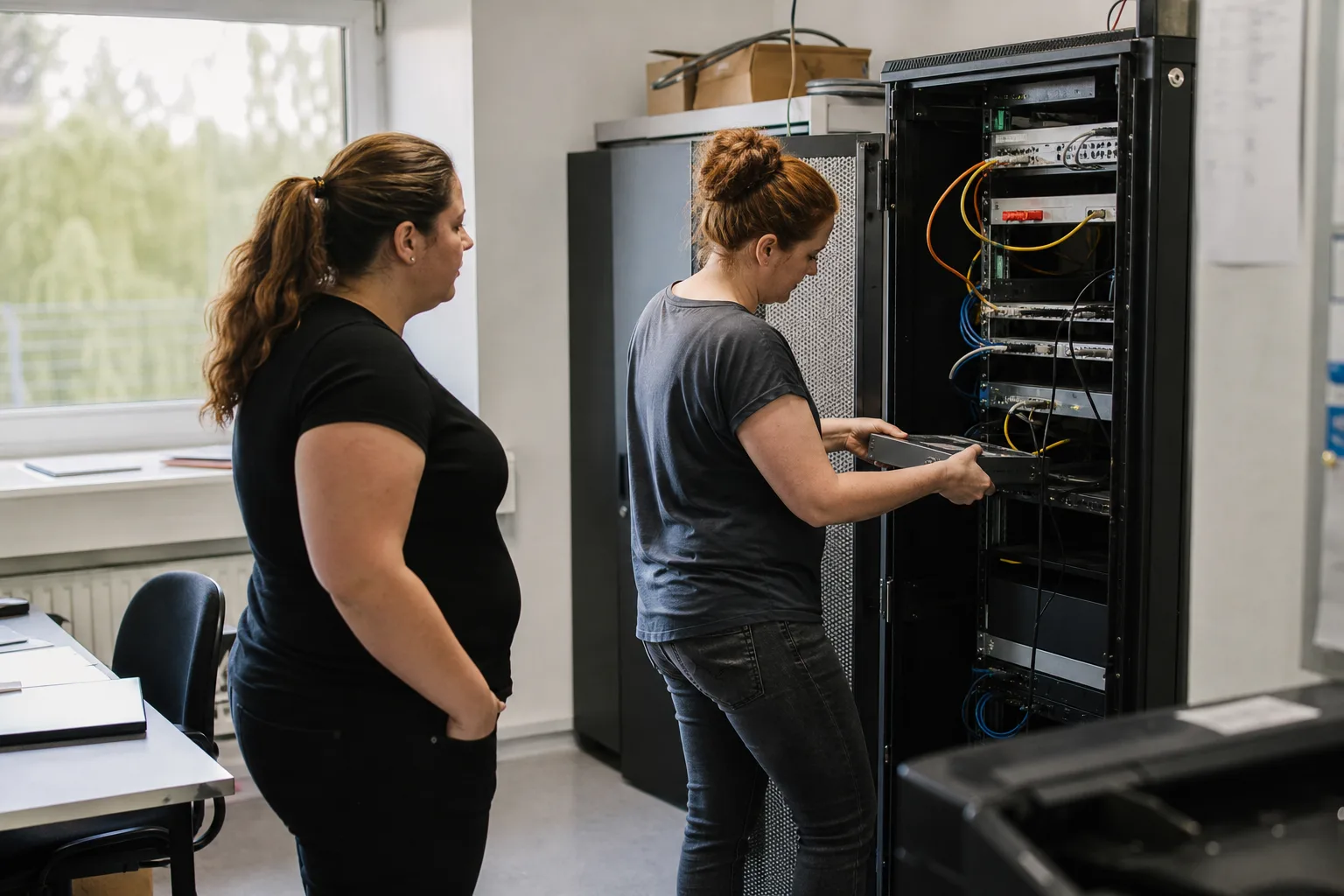 Eine IT-verantwortliche Person arbeitet in einem kleinen Betrieb an einem kompakten Netzwerkschrank, während eine Kollegin zusieht.