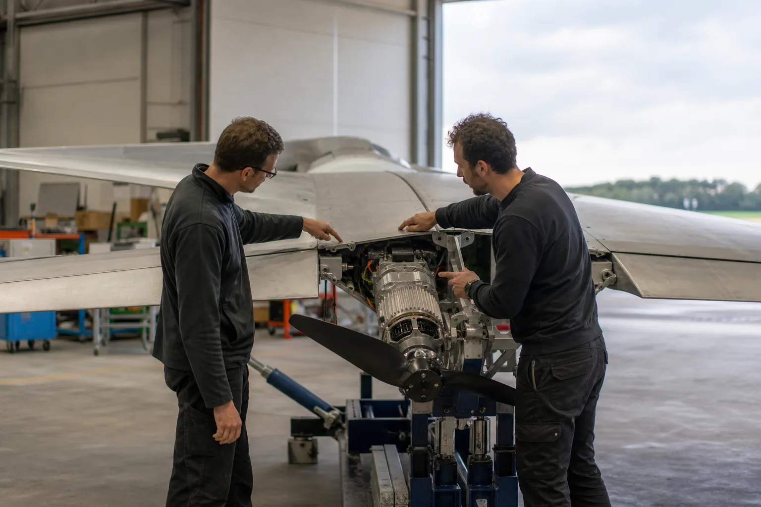 Zwei Ingenieurinnen oder Ingenieure betrachten in einer Werkhalle einen unbeschrifteten Flügelabschnitt mit Propellerhalterung und Kabeln auf einem mechanischen Prüfgestell.