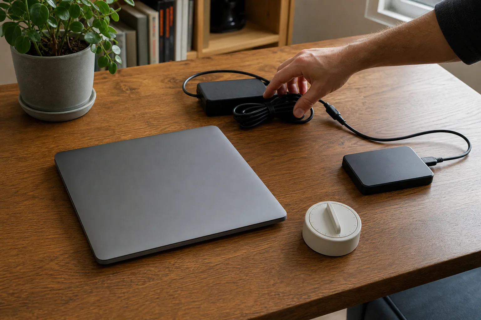 Ein geschlossener unmarkierter Laptop liegt mit Ladegerät, externer Sicherungsfestplatte und einem schlichten Timer auf einem aufgeräumten Schreibtisch.