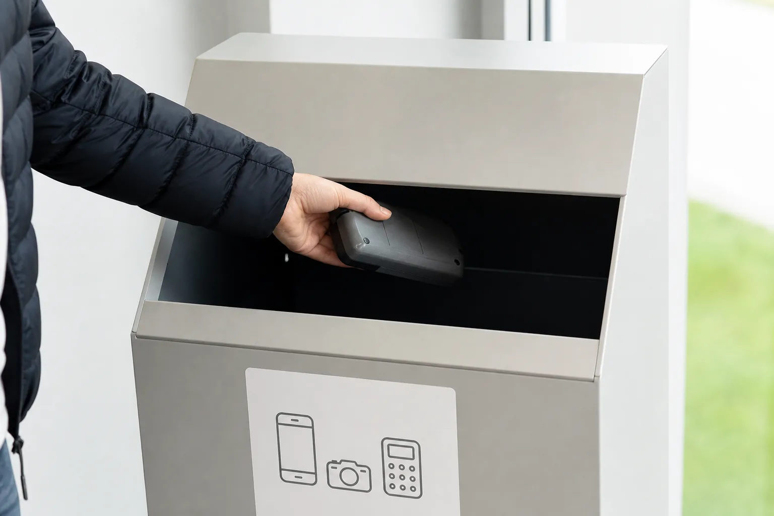 Eine Hand legt ein kleines unmarkiertes Altgerät in eine neutrale Rückgabebox