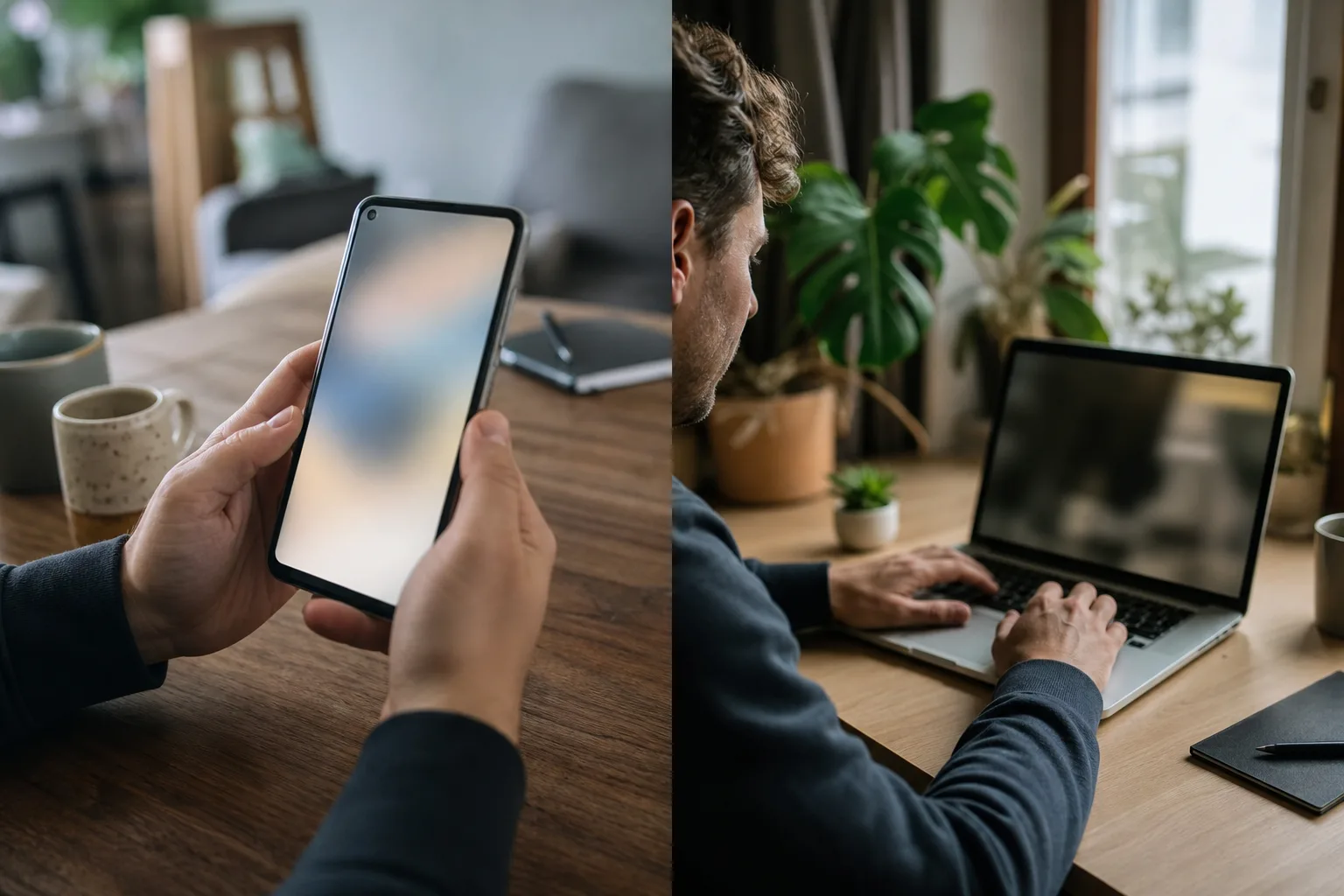 Zweiteiliges Foto mit einem unmarkierten Smartphone und einer Person am Laptop; die Geräteschirme sind unlesbar.