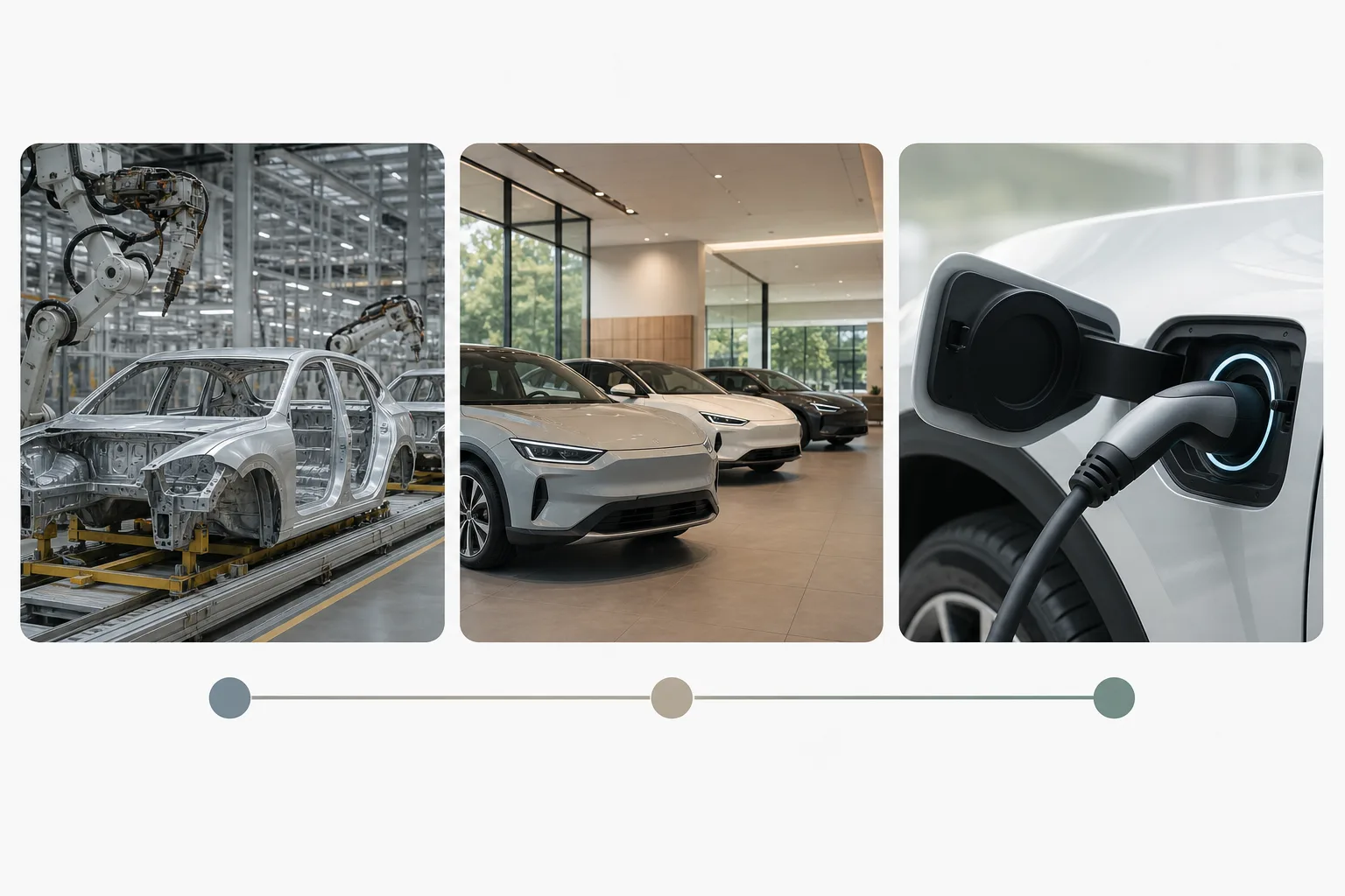 Dreiteilige textfreie Grafik mit Fahrzeugmontage, neutralem Autohaus und Ladeanschluss als getrennte Ebenen der E-Auto-Debatte.