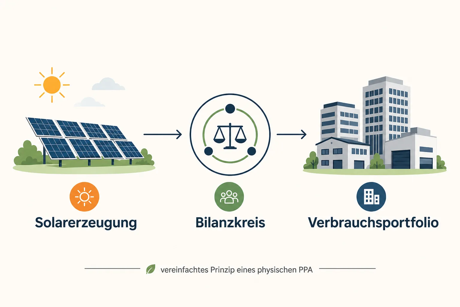 Infografik mit Solarerzeugung, Bilanzkreis und Verbrauchsportfolio als Stationen eines vereinfachten PPA-Modells
