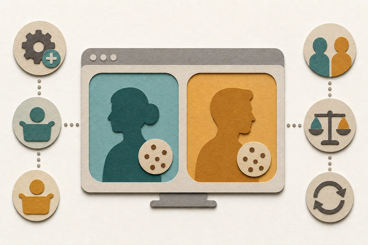 Eine Papiergrafik zeigt innerhalb eines neutralen Browserrahmens zwei farblich getrennte Bereiche mit unterschiedlichen Personen-Symbolen und kleinen Cookie-Motiven.