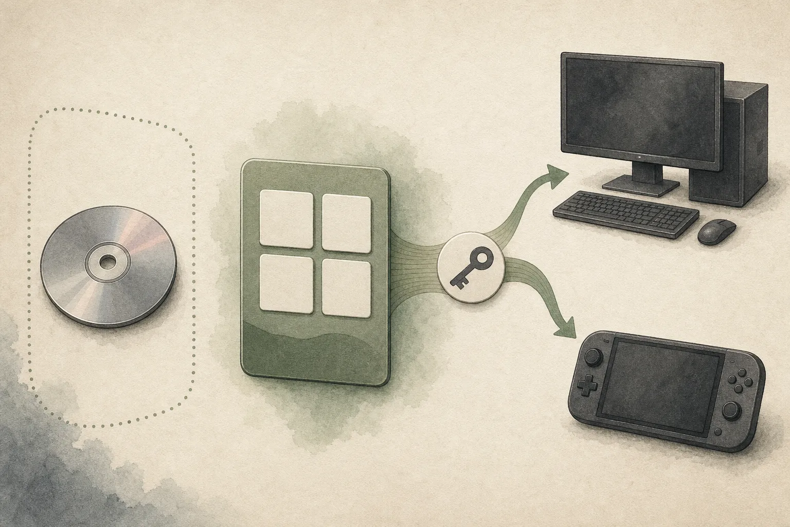Eine sachliche Grafik führt vier neutrale Kacheln über ein Kontosymbol zu PC und Handheld; eine einzelne unbeschriftete Disc liegt abgetrennt daneben.