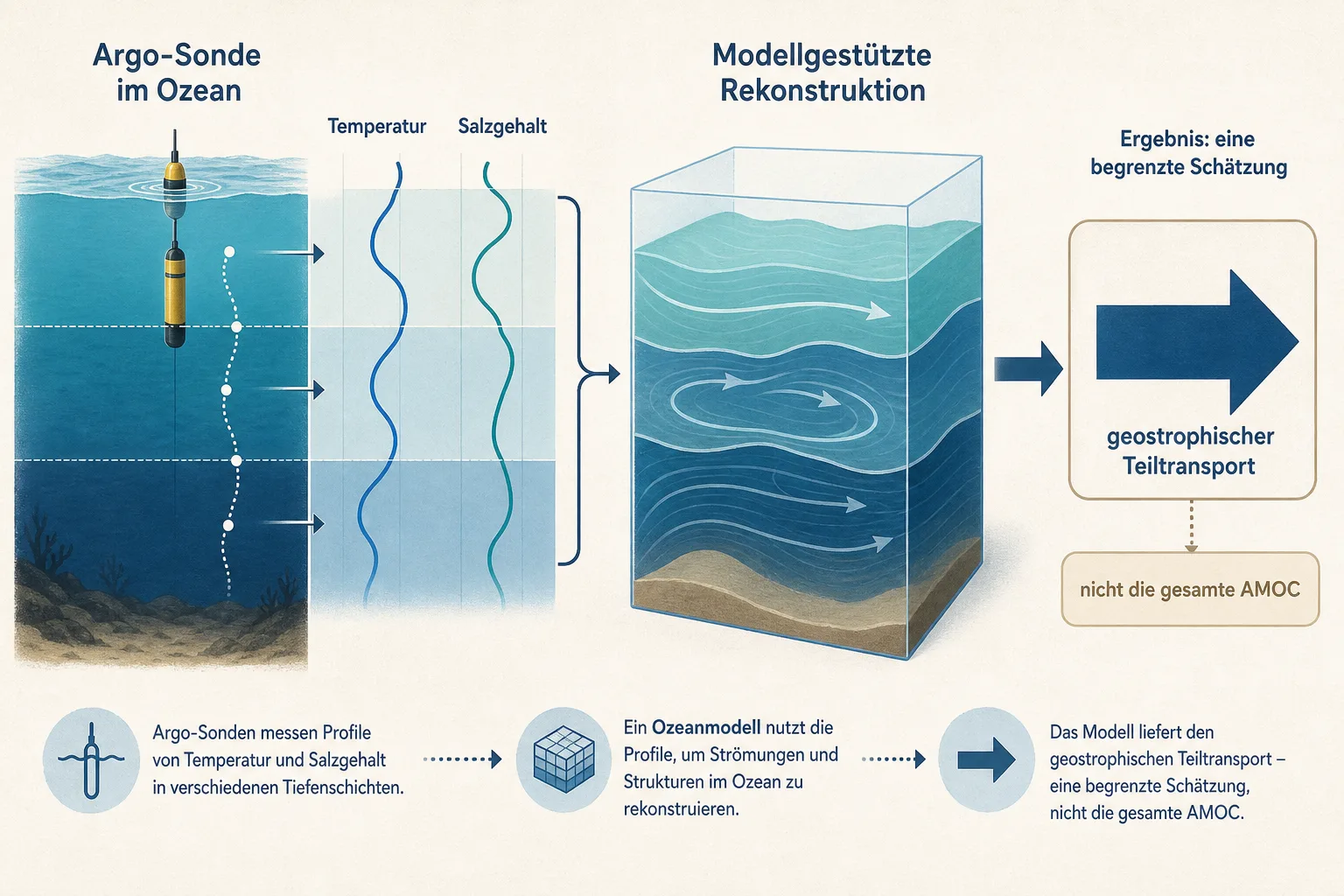 Grafik mit Argo-Sonde, Temperatur und Salzgehalt, Ozeanmodell und einem begrenzten geostrophischen Teiltransport