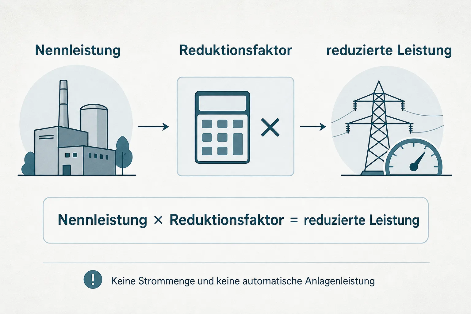 Grafik mit Nennleistung, Reduktionsfaktor und reduzierter Leistung als aufeinanderfolgende Rechenschritte