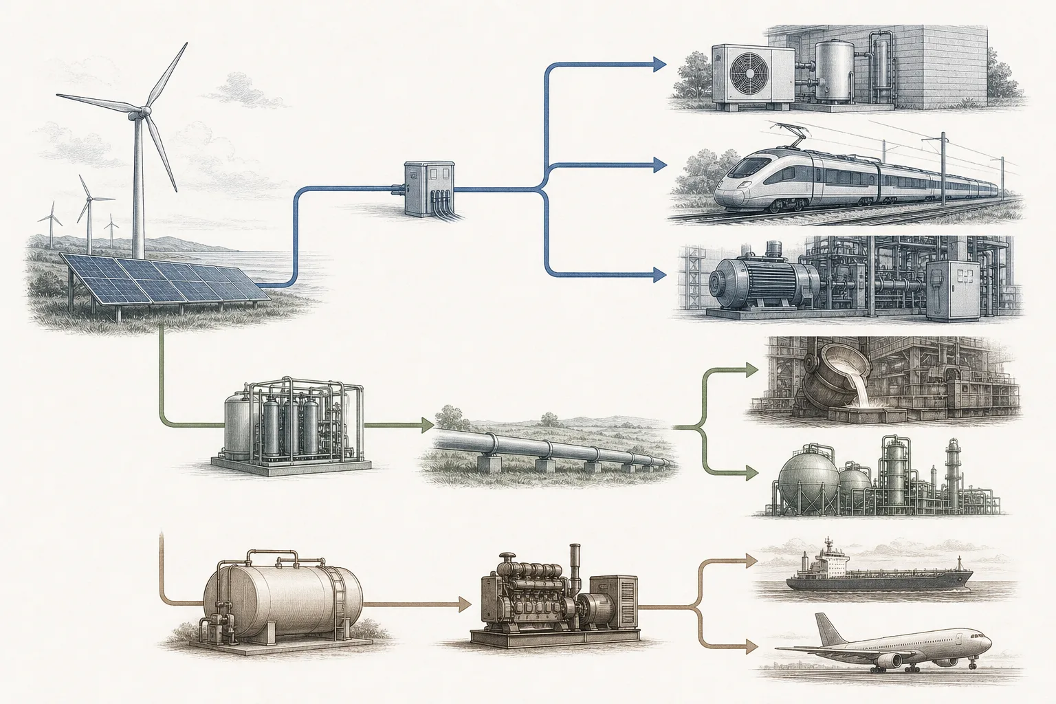 Redaktionelle Illustration mit getrennten Energiepfaden für direkte Elektrifizierung, Wasserstoffanwendungen und flüssige Reserven.