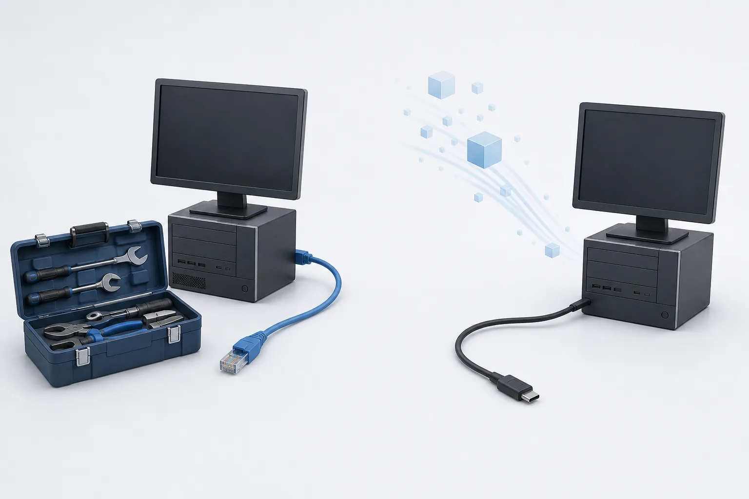 Redaktionelle Illustration zeigt getrennt eine lokale Reparatur mit Netzwerkkabel und ein automatisches Datenupdate für zwei neutrale Rechner.