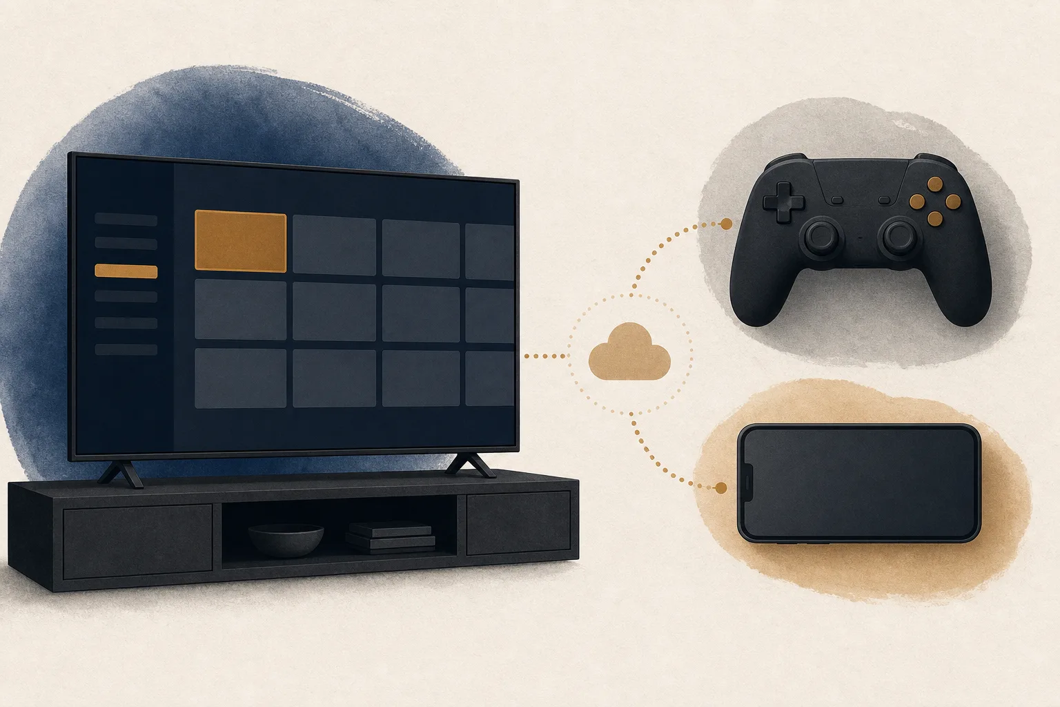 Redaktionelle Illustration zeigt einen neutralen Fernseher, einen Controller und ein Smartphone als getrennte, verbundene Elemente eines Spielezugangs.