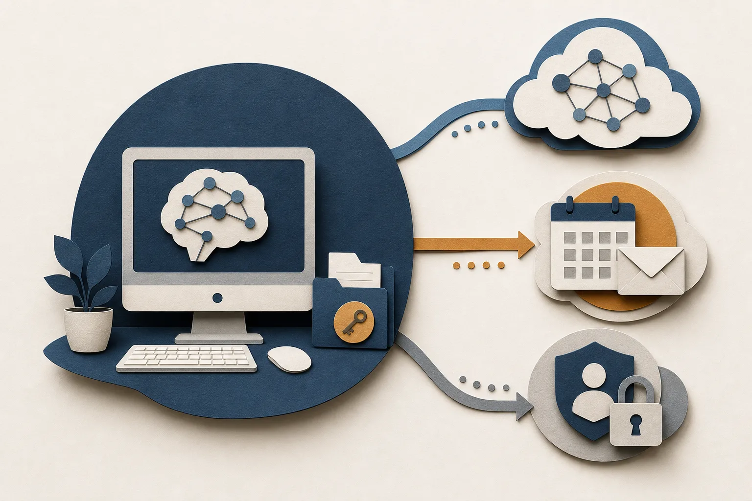 Redaktionelle Illustration eines lokalen Computers mit Verbindungen zu Modell, verbundenem Dienst und OAuth-Vermittlung.