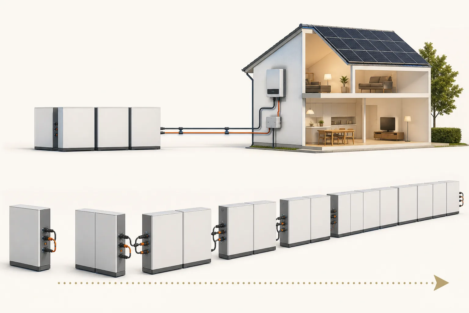 Sachillustration mit neutralen Batteriemodulen, Photovoltaik, Wechselrichter und Hausverbrauch als vereinfachtem Energiepfad.
