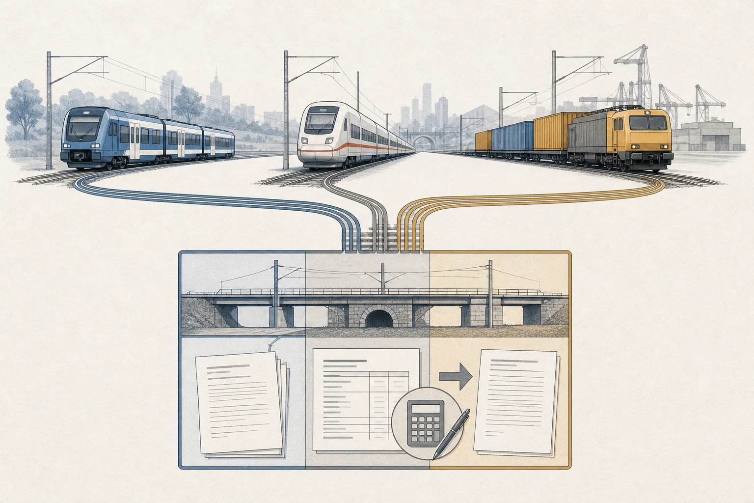 Eine redaktionelle Schienenillustration zeigt Regionalzug, Fernzug und Güterzug auf getrennten Wegen, die zu einer gemeinsamen Infrastrukturabrechnung führen.