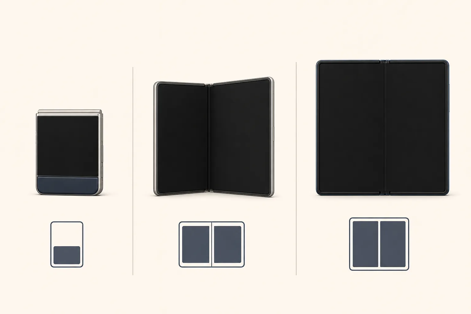 Textfreie Grafik mit einem kompakten Klappformat sowie einem breiten und einem größeren aufgeklappten Foldable.