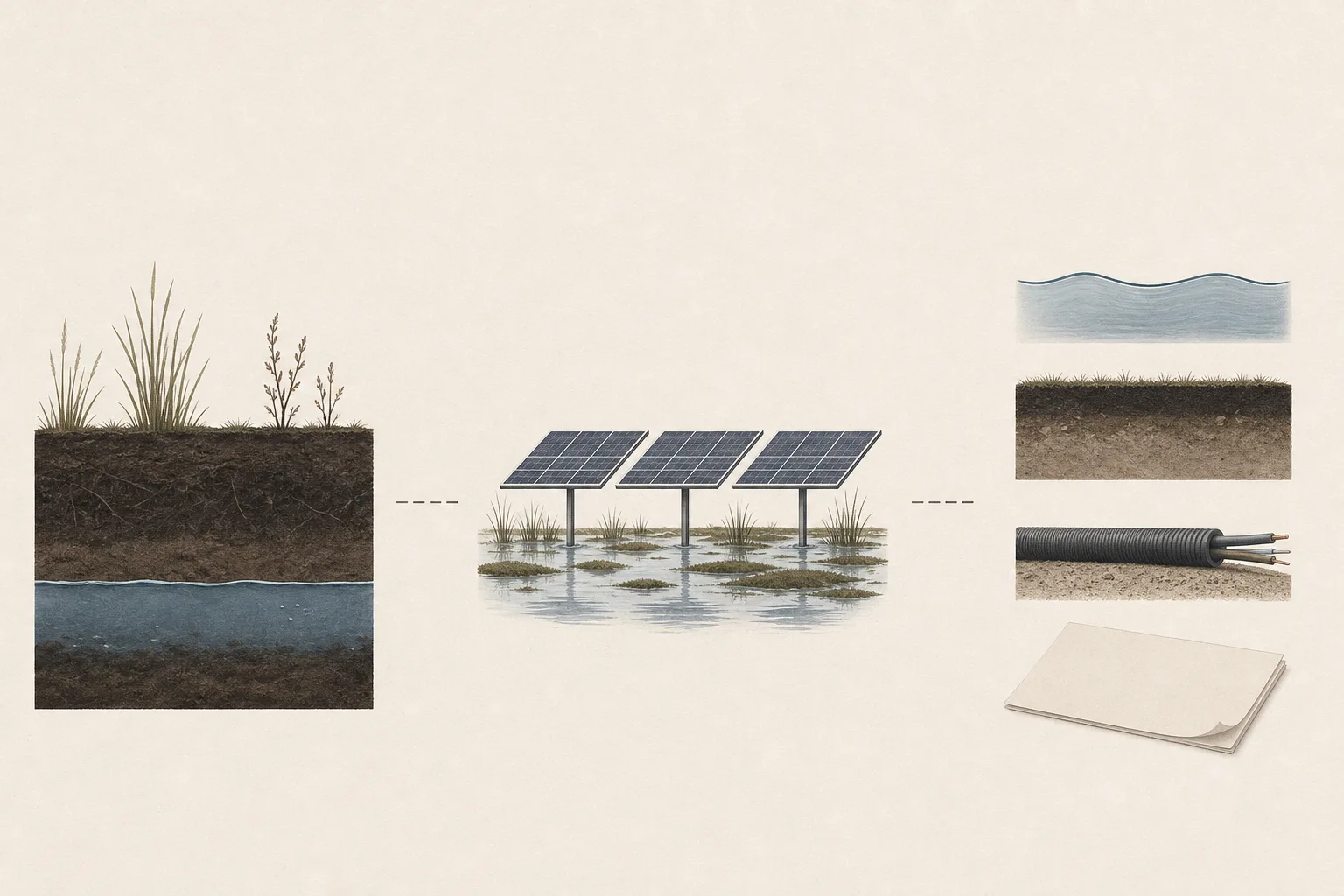 Textfreie redaktionelle Grafik mit drei getrennten Bereichen für Moorfläche, Solarmodule mit Wasserfläche und Standortprüfung.