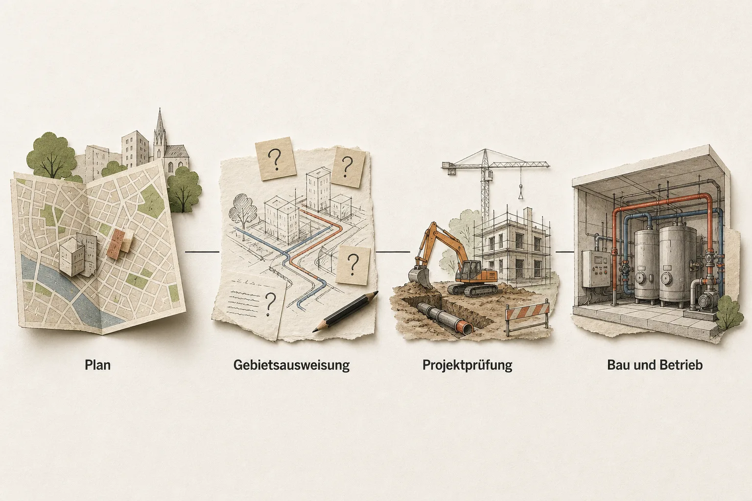 Redaktionelle Vier-Stufen-Grafik mit Karte, Projektprüfung, Leitungsbau und Betriebssituation.
