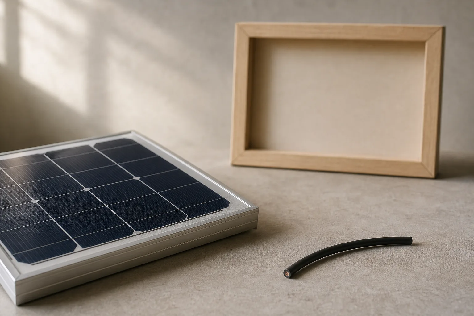 Nahaufnahme einer kleinen unbeschrifteten Solarzelle auf einem Arbeitstisch im warmen Tageslicht; dahinter liegen ein neutrales Kabelstück und ein unscharfer, geschlossener Holzrahmen.