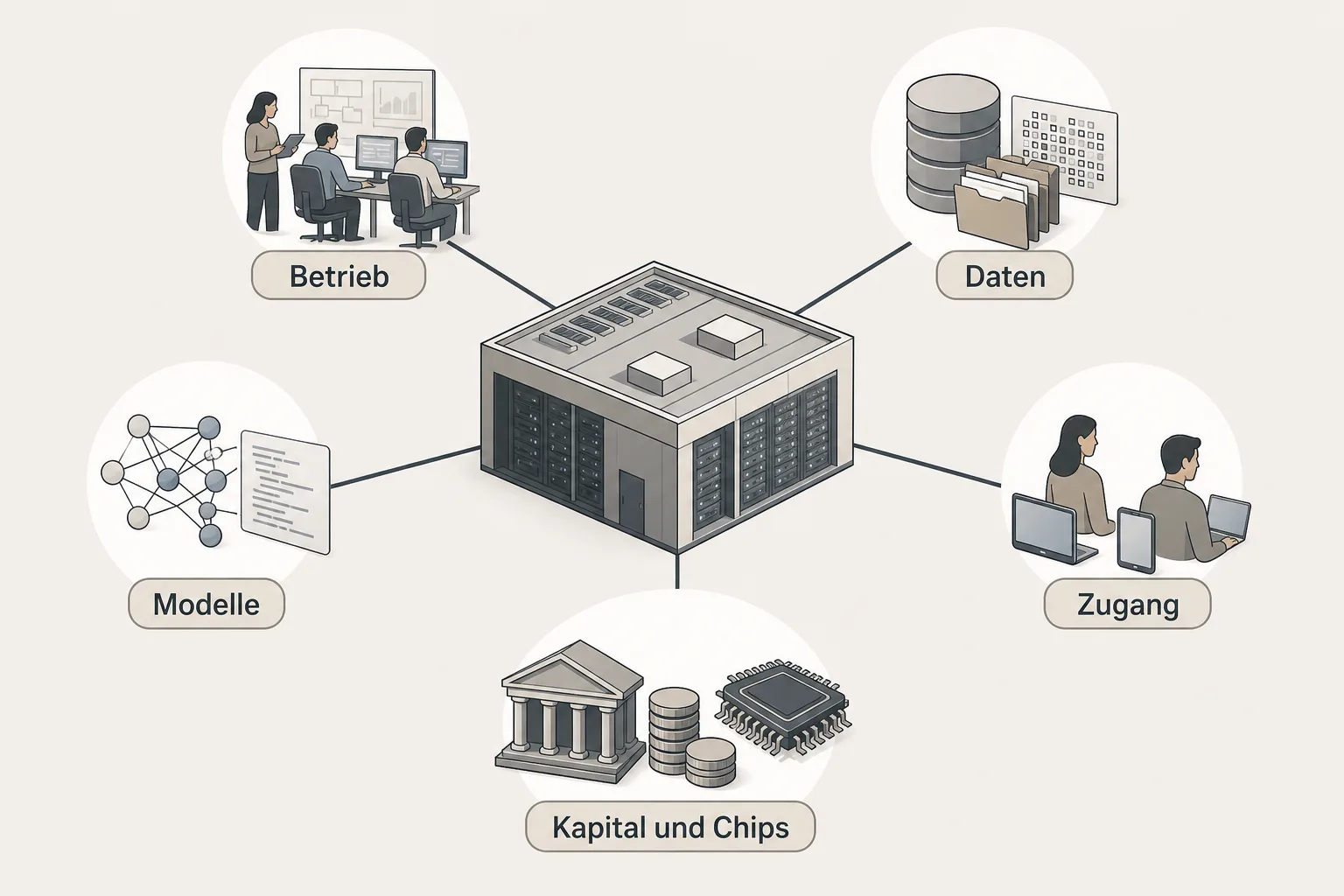 Grafik mit einem Rechenzentrum sowie den Bereichen Betrieb, Daten, Modelle, Zugang und Kapital und Chips.