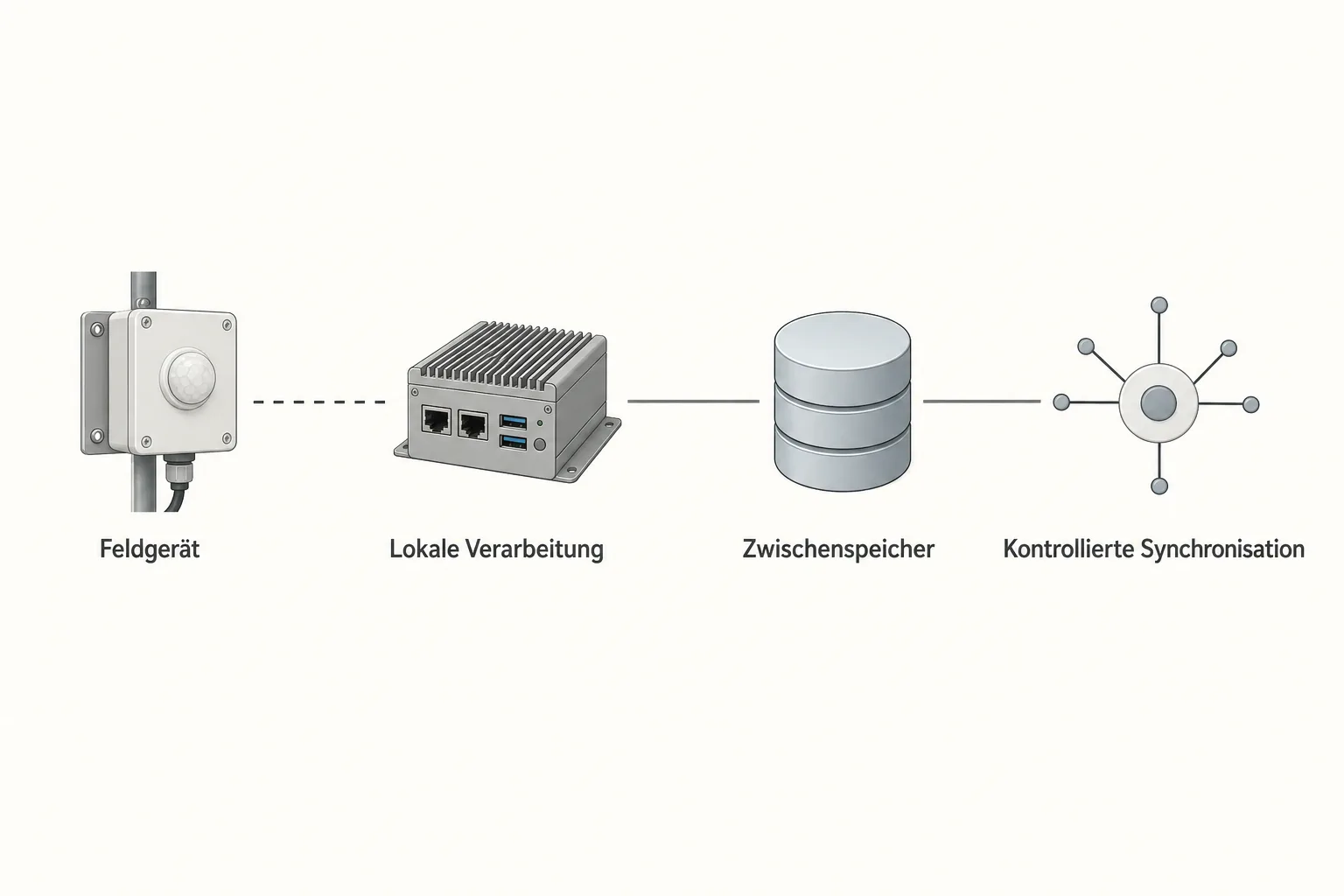 Redaktionelle Ablaufgrafik mit Feldgerät, lokaler Verarbeitung, Zwischenspeicher und kontrollierter Synchronisation; eine Verbindung ist unterbrochen dargestellt.