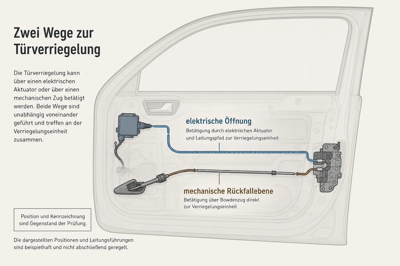 Redaktionelle Grafik zeigt getrennte Wege für elektrische Türöffnung und mechanische Rückfallebene in einer Autotür.