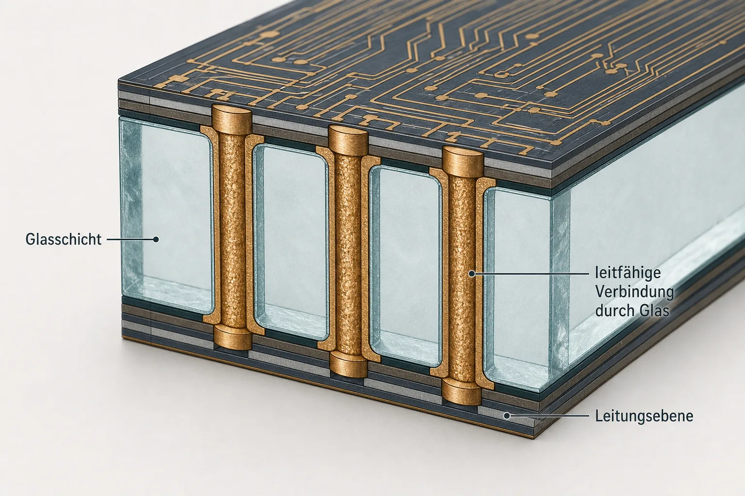 Schnittillustration einer Glasschicht mit drei metallgefüllten senkrechten Verbindungen und Leitungsebenen