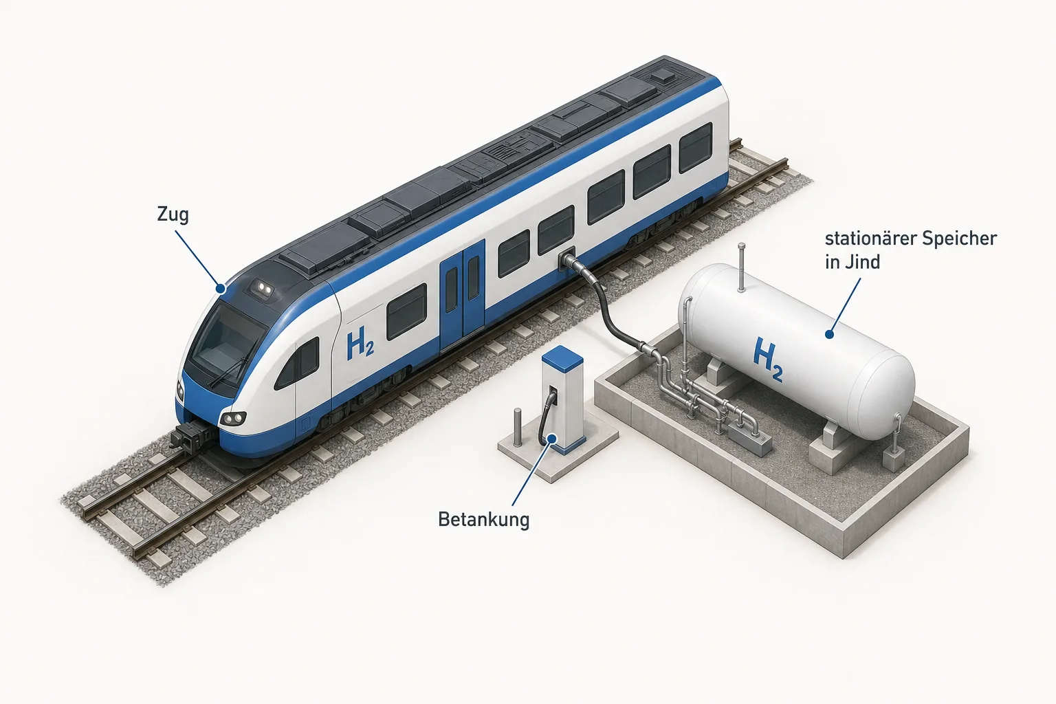 Isometrische Grafik zeigt einen Wasserstoff-Regionalzug, einen stationären Speicher in Jind und einen Betankungsanschluss als getrennte Elemente