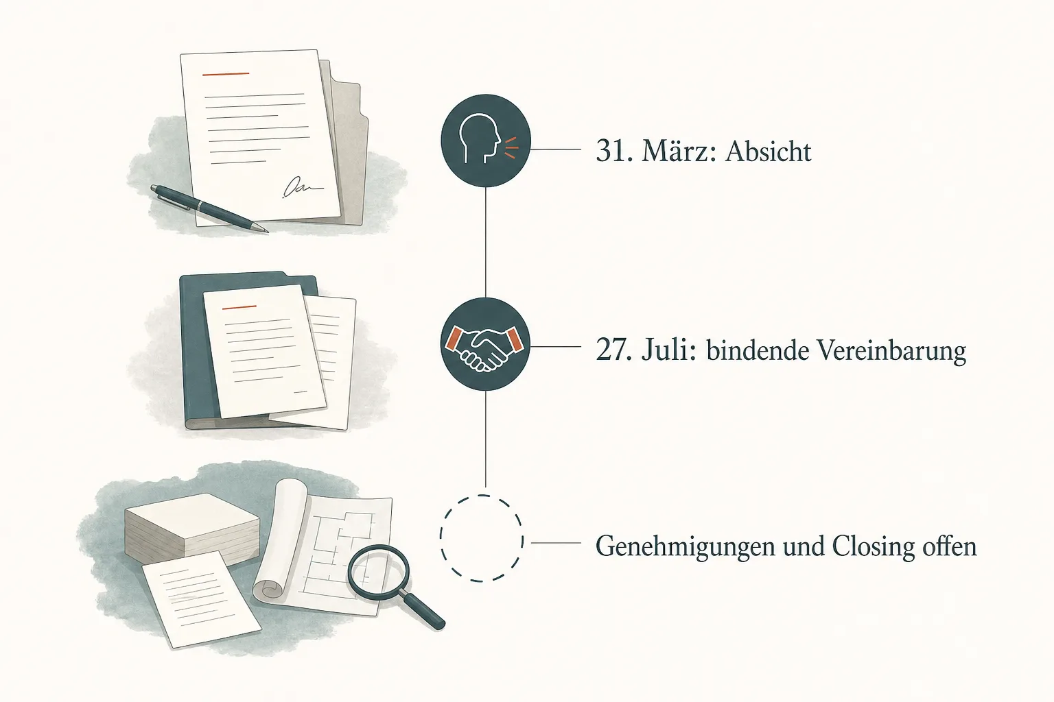Redaktionelle Prozessgrafik mit drei Stationen: Absicht im März, bindende Vereinbarung im Juli sowie noch offene Genehmigungen und Closing.