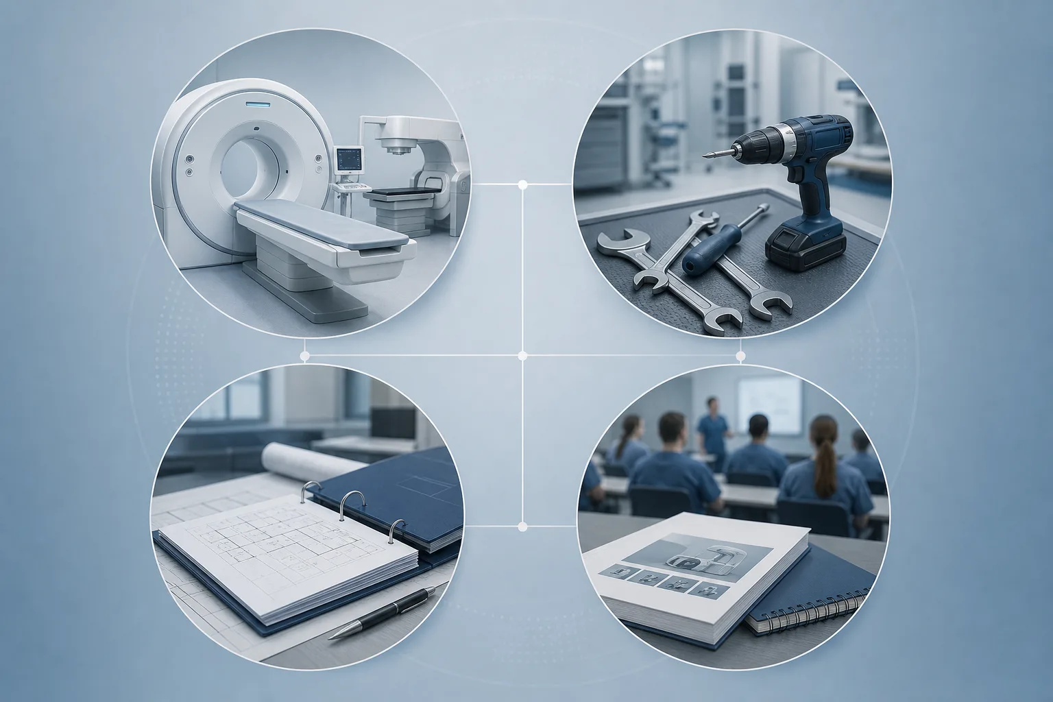 Redaktionelle Grafik mit vier verbundenen Bereichen für Bildgebung und Strahlentherapie, Service, Technologieplanung und Personalentwicklung.