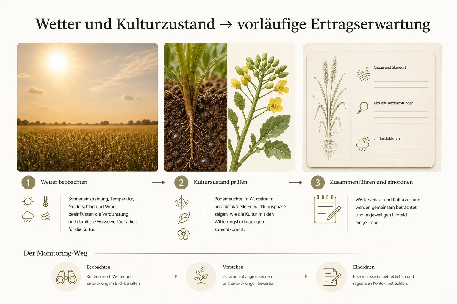 Redaktionelle Grafik verbindet Hitzewetter, Bodenfeuchte und Pflanzenzustand mit einer vorläufigen Ertragserwartung.