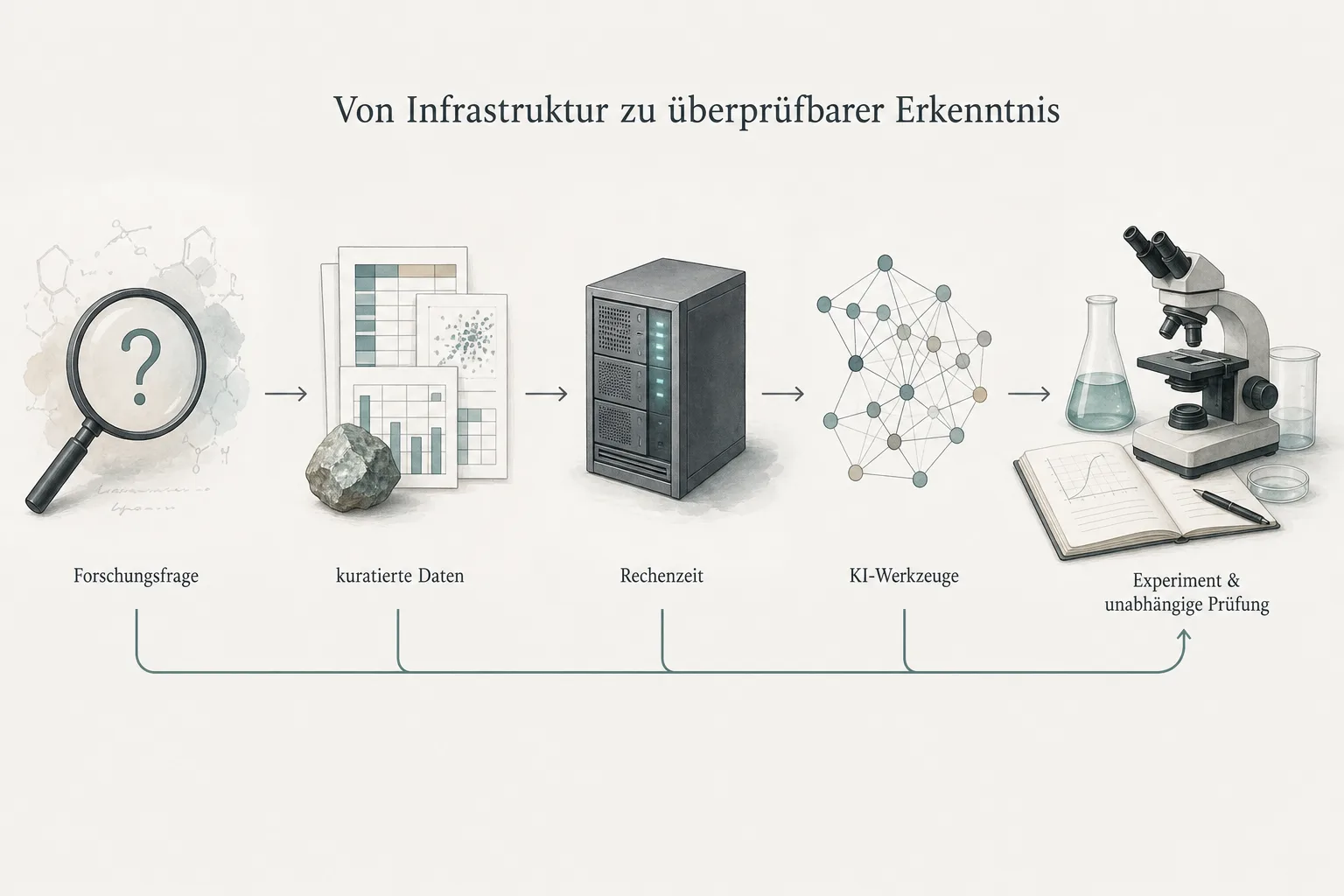 Redaktionelle Grafik verbindet Forschungsfrage, kuratierte Daten, Rechenzeit und KI-Werkzeuge mit Experiment und unabhängiger Prüfung.