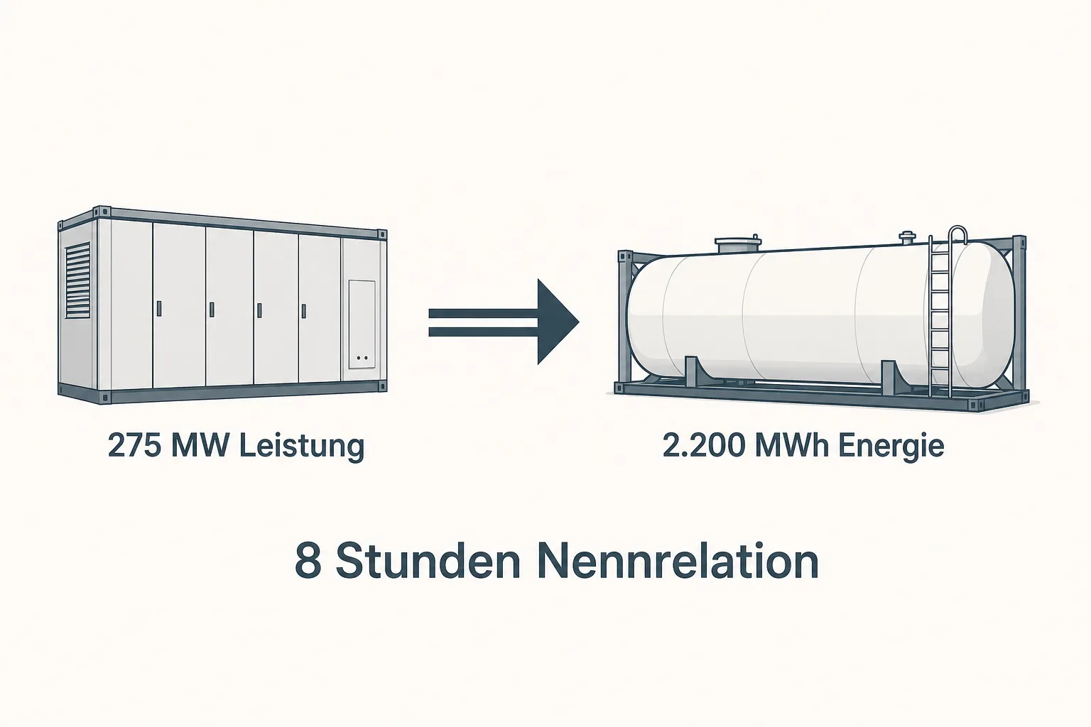 Redaktionelle Grafik erklärt die Beziehung von 275 MW Leistung, 2.200 MWh Energie und einer rechnerischen achtstündigen Nennrelation.