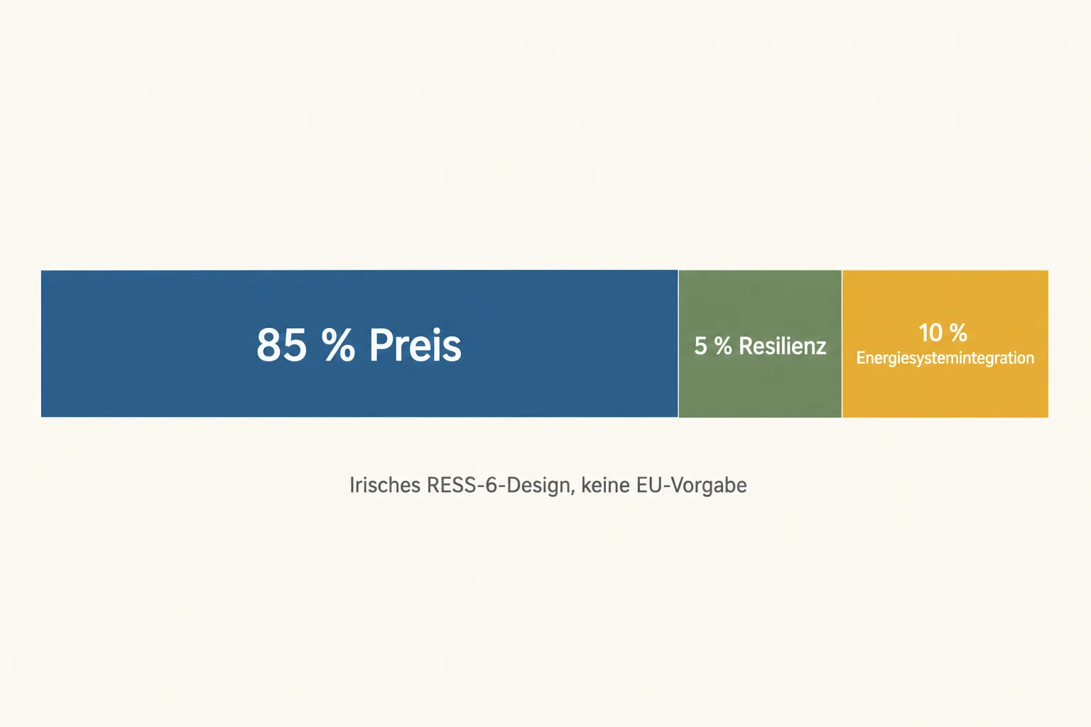 Redaktionelle Balkengrafik ordnet die irische RESS-6-Wertung mit 85 Prozent Preis, 5 Prozent Resilienz und 10 Prozent Energiesystemintegration ein.
