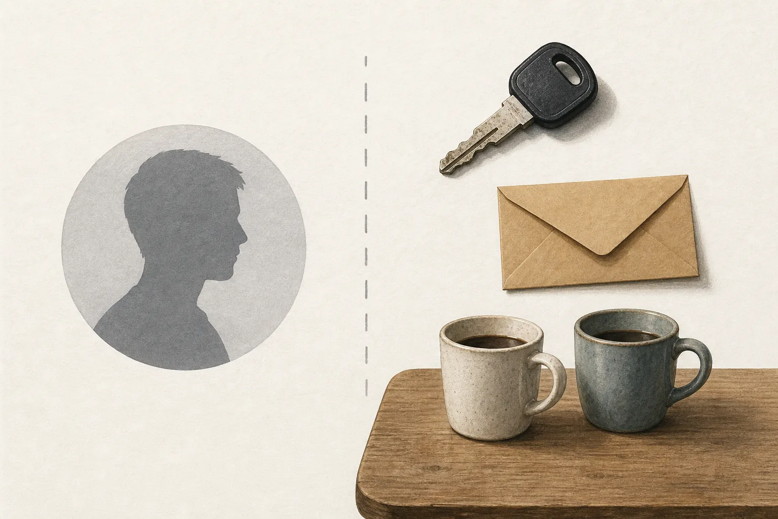 Illustrative Komposition mit Porträt-Silhouette sowie Gegenständen für Angebot, Zahlung und Treffen