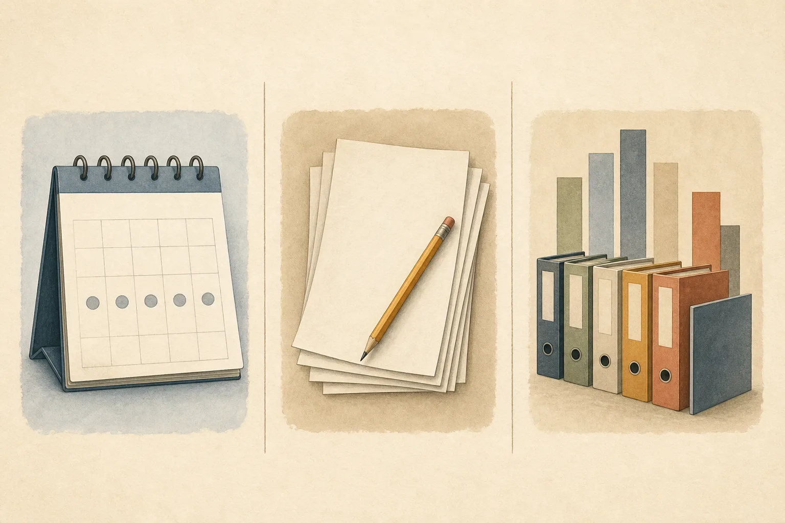 Illustration mit Kalender, Arbeitsblättern und abstrakter Verwaltungsübersicht als getrennte Bereiche