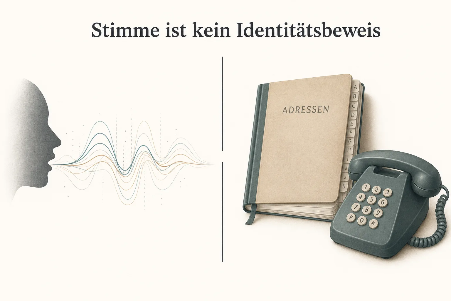 Redaktionelle Grafik stellt eine neutrale Schallwelle einem Adressbuch und einem zweiten Telefon als bekanntem Kontaktweg gegenüber.