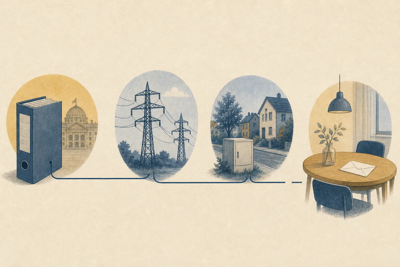 Illustration mit öffentlichem Ordner, Strommasten, Stadtviertel und Haushalt als verbundene neutrale Sinnbilder