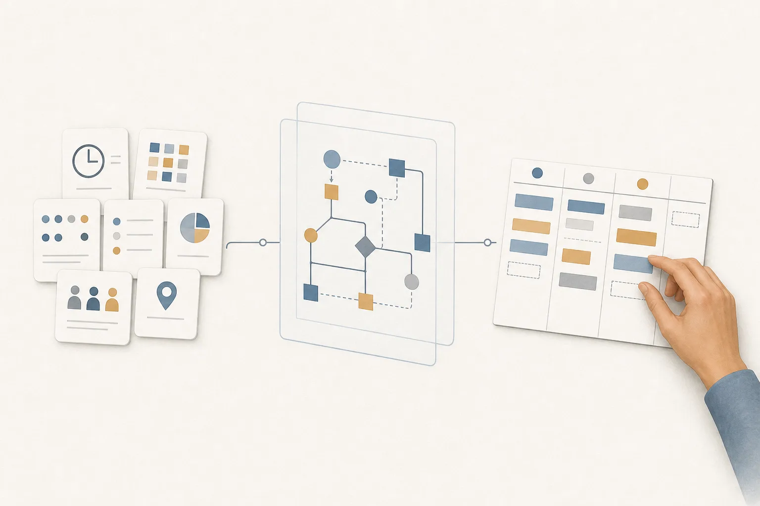 Abstrakte Prozessillustration verbindet Arbeitsdaten, ein Regelwerk und eine menschlich prüfbare Planung