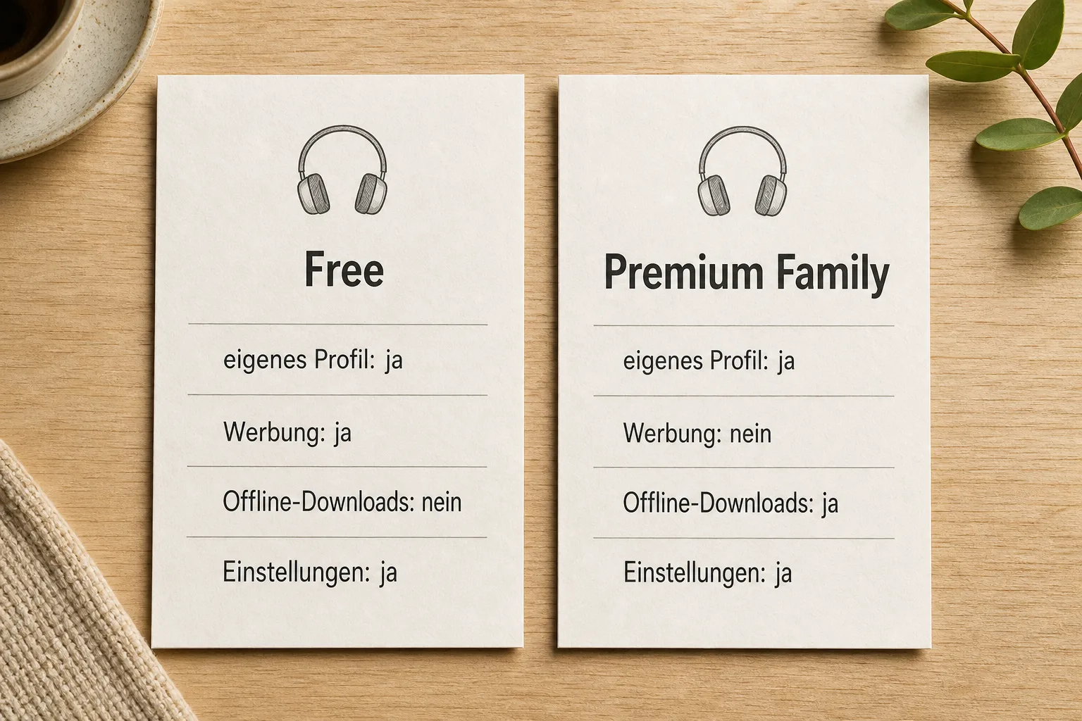 Zwei Papierkarten vergleichen getrennte Musikprofile, Werbung, Offline-Downloads und Einstellungen bei Free und Premium Family.
