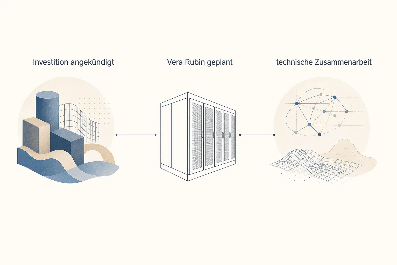 Redaktionelle Grafik verbindet abstrakte Ressourcen, eine neutrale Compute-Plattform und Forschungsskizzen durch einfache Linien.