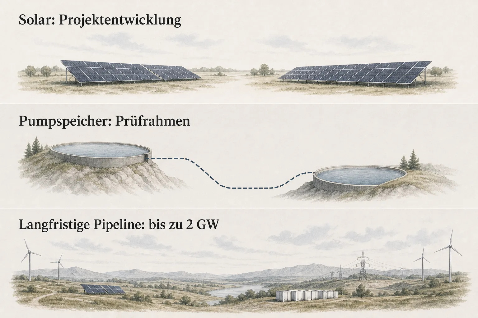 Infografik mit getrennten Ebenen für Solar-Projektentwicklung, Pumpspeicher-Prüfrahmen und langfristige Energiepipeline.