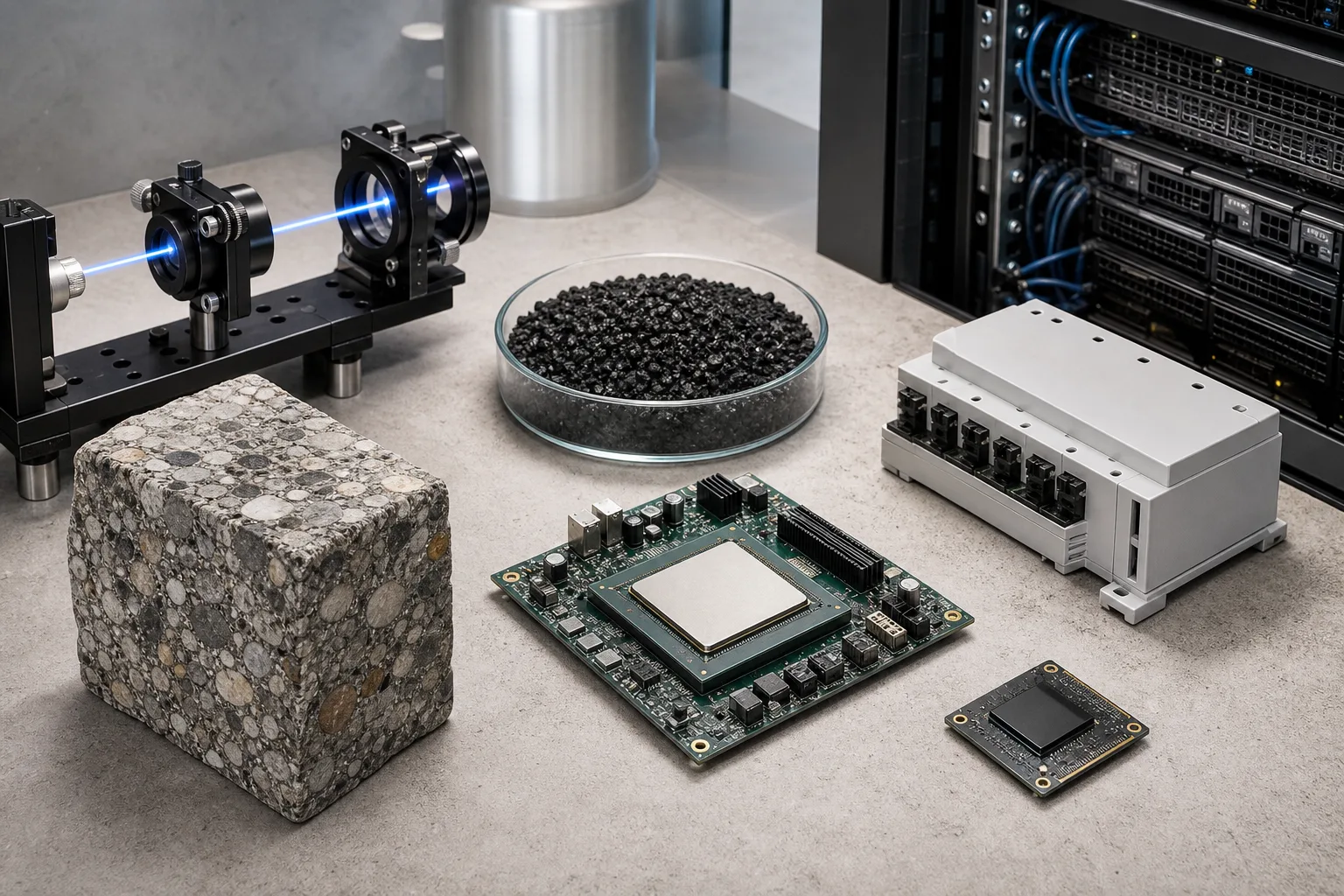 Sachlich arrangierte technische Objekte stehen für Laserkommunikation, Batterierecycling, Baustoffe, Serverprozessoren, Stromsysteme und KI-Inferenz.