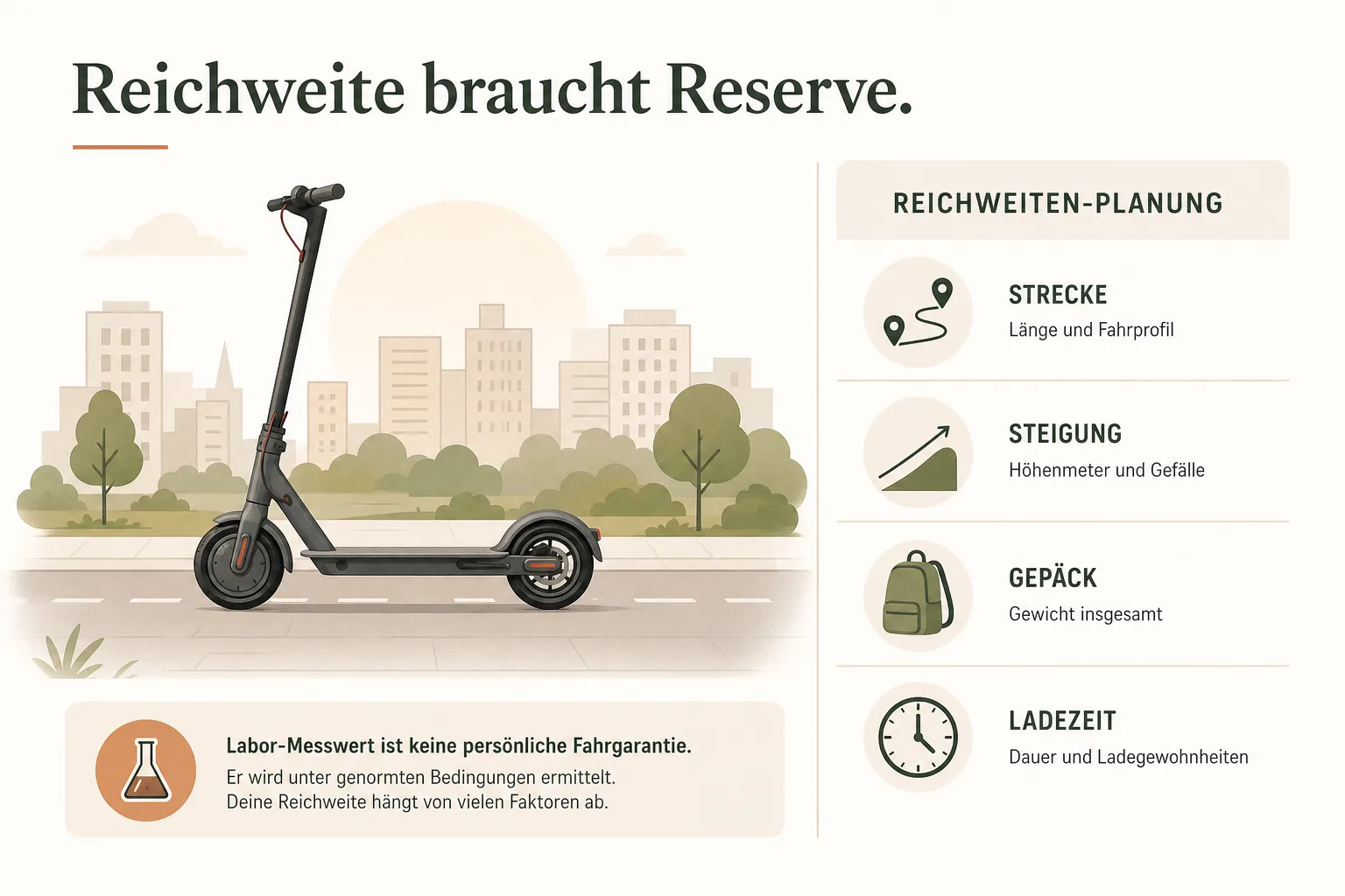 Grafik zeigt einen E-Scooter auf Stadtstrecke sowie Faktoren wie Steigung, Gepäck und Ladezeit.