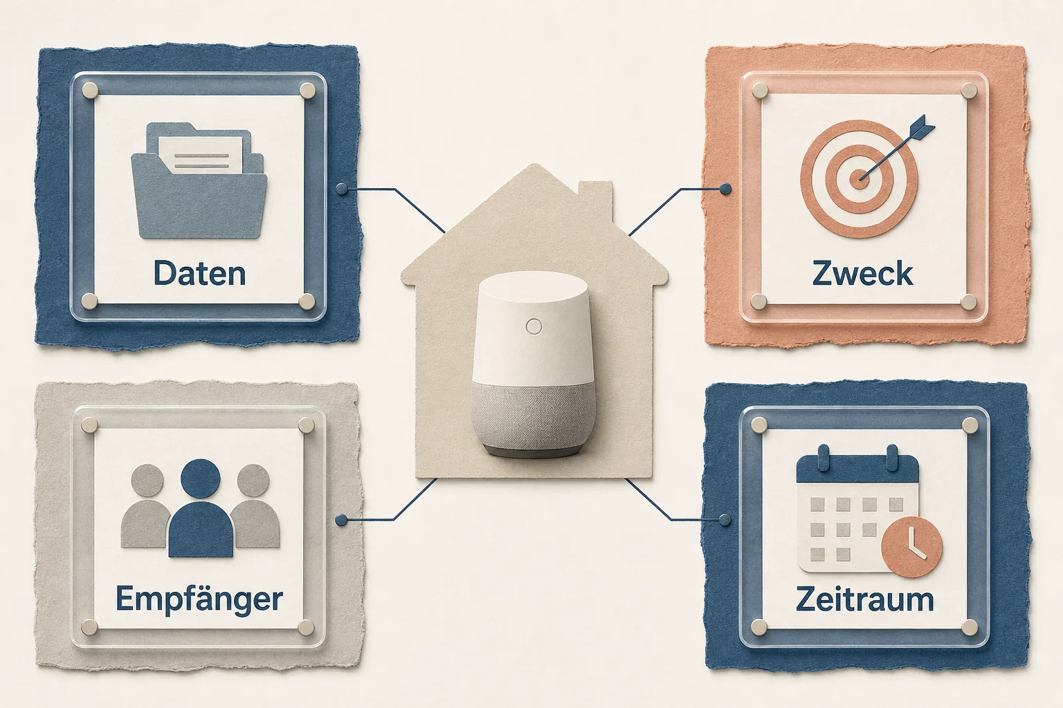 Redaktionelle Grafik zeigt eine Smart-Home-Datenanfrage mit den vier Angaben Daten, Zweck, Empfänger und Zeitraum.