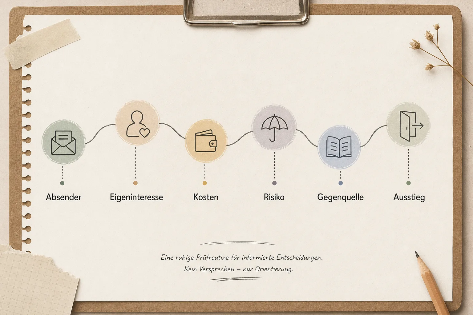 Infografik mit den Prüfschritten Absender, Eigeninteresse, Kosten, Risiko, Gegenquelle und Ausstieg.