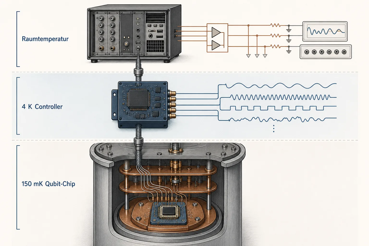 Redaktionelle Grafik trennt Raumtemperatur, einen 4-K-Controller und den 150-mK-Qubit-Chip entlang eines gemeinsamen Signalwegs.