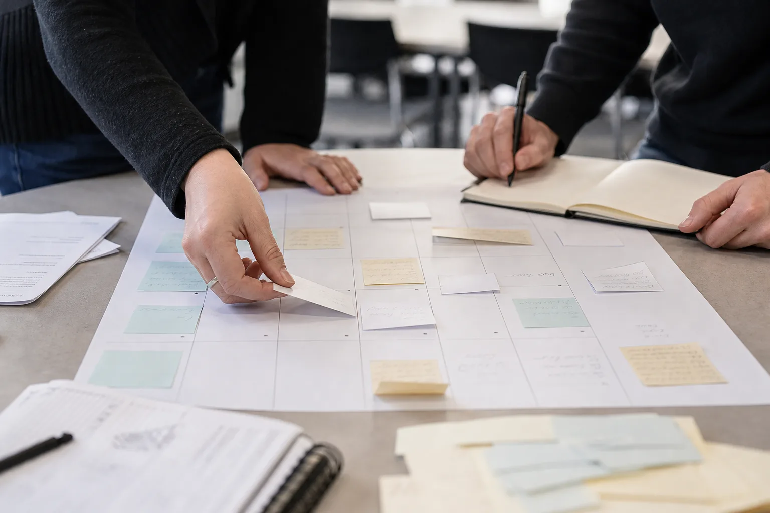 Hände von zwei Personen organisieren an einem Tisch Papiernotizen und einen neutralen Wochenplan für einen Hochschulworkshop.